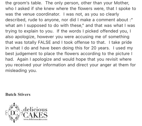 Delicious Cakes of Dallas - Addison, TX. Email from owner accusing my mom and wedding planner liars