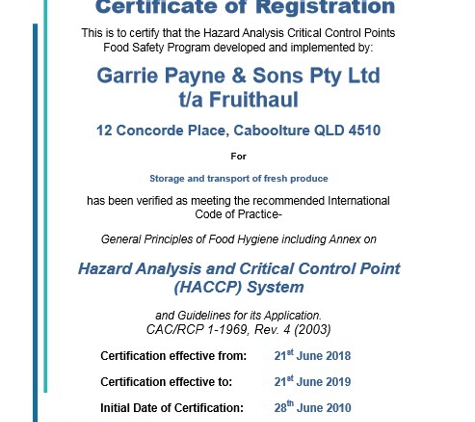 Fruithaul - Caboolture, QLD. HACCP certificate