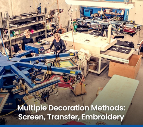 Blue Print Screen Art - Malaga, WA. Multiple Decoration Methods: Screen, Transfer, Embroidery