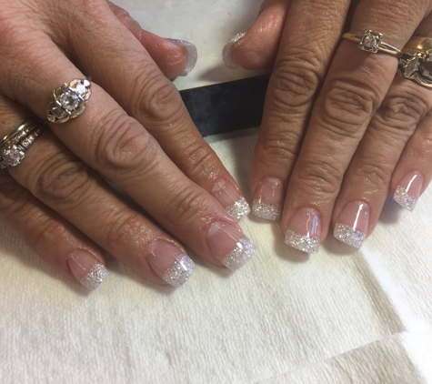 NAILS on Wheels - Mount Pleasant, PA. Beautiful French with embedded glitter in the acrylic on the free edge.