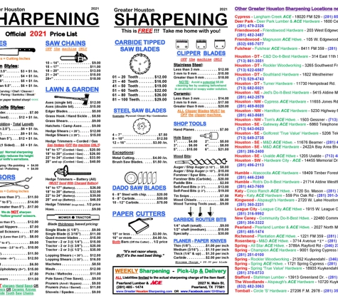 Pearland Lumber Company, Inc - Pearland, TX. GreaterHoustonSharpening.com - See our 2021 pricing of over 100+ items for our WEEKLY sharpening services.  Keep a copy of this image.