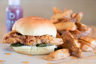 Spicy fried chicken sandwich at Fuku