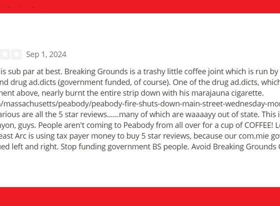 Breaking Grounds Cafe - Peabody, MA. https://patch.com/massachusetts/peabody/peabody-fire-shuts-down-main-street-wednesday-morning