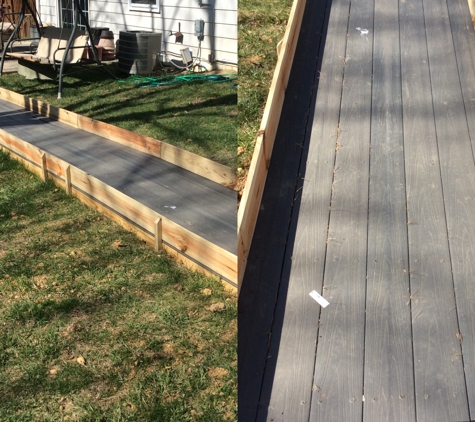 Mr. Handyman of Ft. Washington and Clinton - Brandywine, MD. Exterior accessibility ramp in wood - two views showing close-up and at a distance. We helped the homeowner get a grant for this.