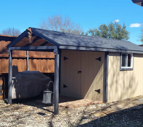 Decks and Stuff - Garland, TX. Shed with shingled roof and covered patio