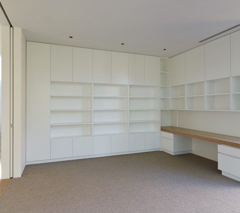 Qbic Living - Parkside, SA. Custom study with 2 pac satin doors and Timber veneer benchtop