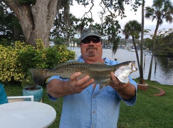 Aqua Time Pro Kayak Fishing Guides - Melbourne, FL. Pro guide Robert Dillard with a S, Florida Gator Trout caught in the Eau Gallie Harbor Melbourne, Fl.