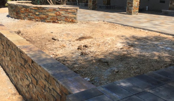 Straight Edge Engineering Co - Gilroy, CA. Pavers: Calstone Mission, Gray Charcoal Tan Retaining Wall: Concrete Block with Copper Modern Stone Veneer, and Autumn Mist Wall Cap
