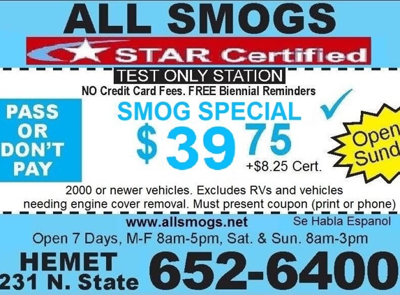 All Smogs - Hemet, CA. All Smogs Coupon