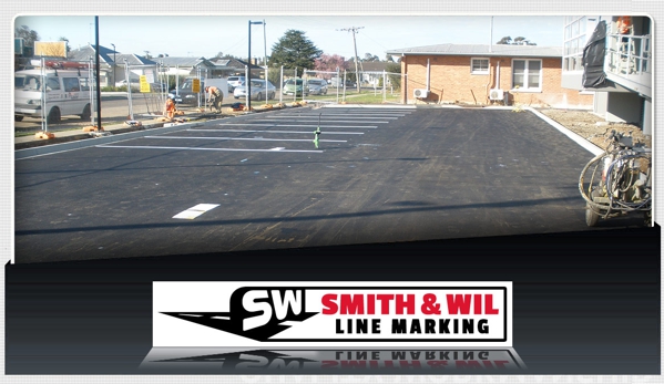 Smith & Wil Asphalting. Waterborne is applicated using a ride on line trike or walk behind machine.