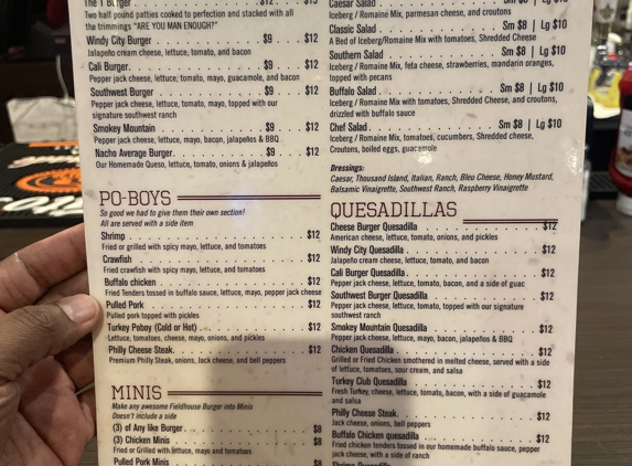 Fieldhouse Bar and Grill - Monroe, LA. Back menu