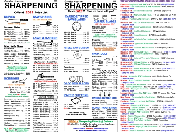 Stahlman Lumber Company - Houston, TX. Greater Houston Sharpening - See our current 2021 pricing of over 100+ items for our WEEKLY sharpening services.  Keep a copy of this image.