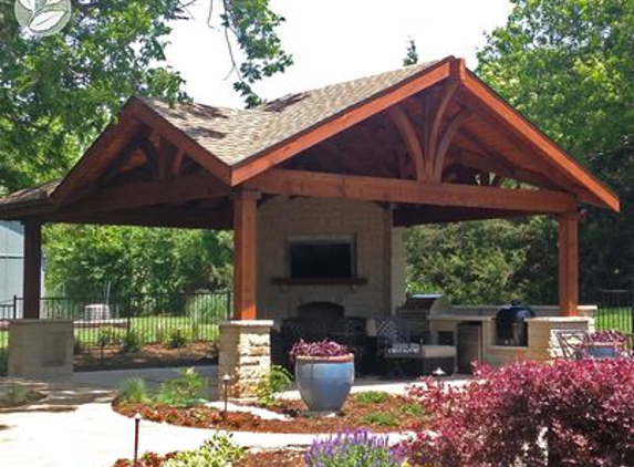 Ortus Exteriors - Plano, TX. Outdoor kitchen and seating area, landscape