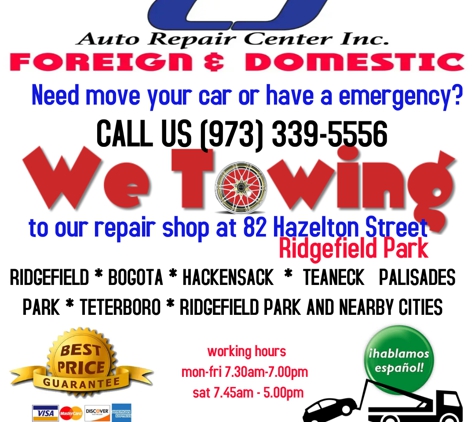 C J Automobile Repair - Belleville, NJ. This car repair service center was moved:

CJ AUTO REPAIR INC  moved to 82 Hazelton Park, NJ. 973-333-5556.