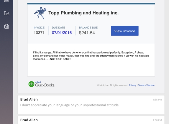 Topp Plumbing & Heating - Santa Fe, NM. Unprofessional see comment