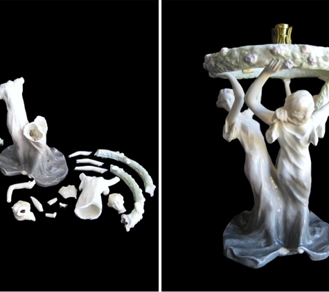 Brookes Restorations - Los Angeles, CA. Porcelain Repair Restoration Three Lady Lamp Stand Before & After