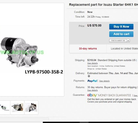 LIAONING AUTOMOTIVE ZONE MFG. GROUP USA INC. - Irvine, CA. Isuzu Starter on sale for only $70 including shipping in the US! Get yours now! Limited supply!