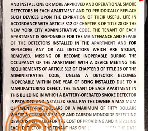 HPD SIGNS - Brooklyn, NY. SMOKE DETECTOR HPD REQUIRED SIGN