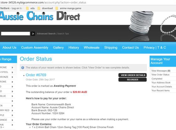 Aussie Chains Direct - Melbourne, VIC. Our order since 29th September