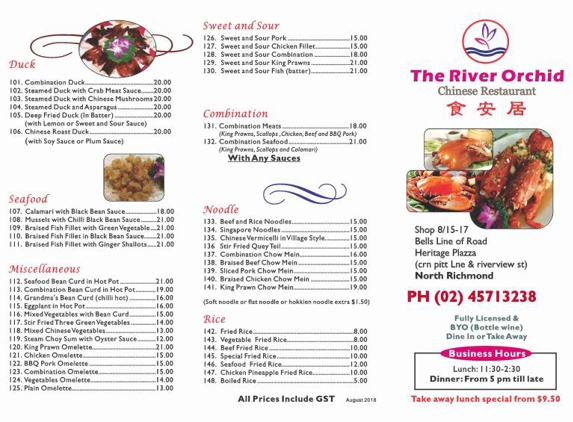The River Orchid - Richmond, NSW. takeaway menu