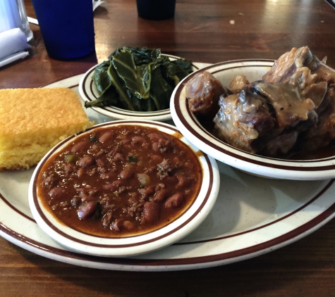 J's Place - Bakersfield, CA. Neck bones and chili beans and cornbread with collard greens