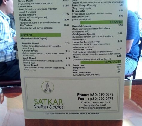 Satkar Indian Cuisine - Sunnyvale, CA. Menu page 3.