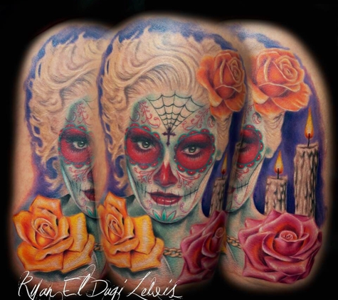 White Buffalo Gallery - Sacramento, CA. Gwen Stephani day of the dead Dia De Los Muertos portrait and roses  tattoo by Ryan El Dugi Lewis Sacramento CA @el_dugi