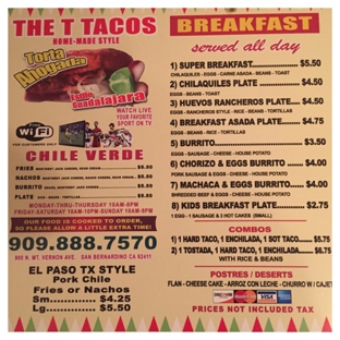 The T Tacos Home - Made Style - San Bernardino, CA. Menu part 1