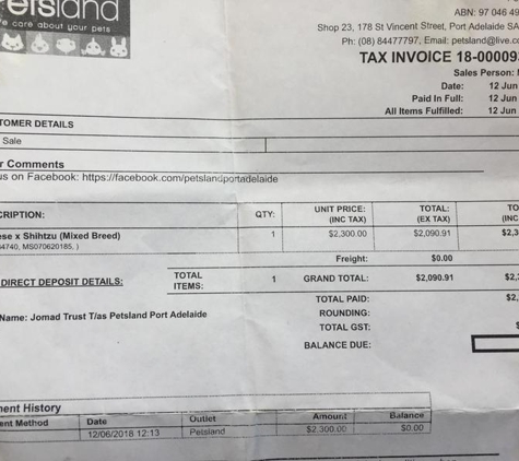 Petsland - Port Adelaide, SA. our invoice