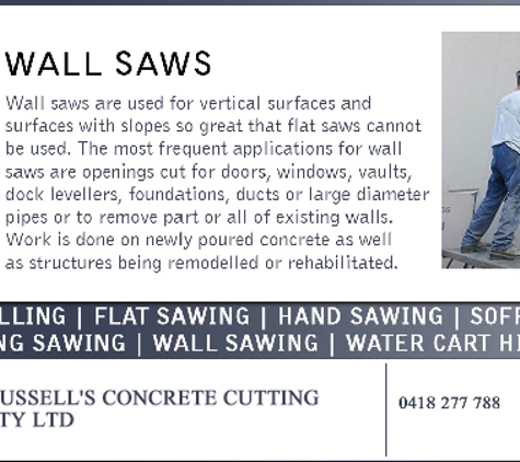 Russell's Concrete Cutting Pty. Ltd. - Bradbury, NSW. Our pledge is to establish lasting relationships with our customers through exceptional performance.