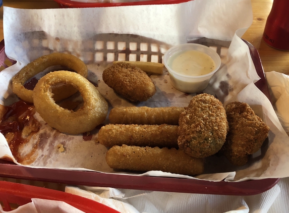 Burger Barn - Pollock Pines, CA. Best combination appetizer. As you can see we ate most of it before taking the picture. It was mozzarella sticks, jalapeño poppers, onion rings and fried mushrooms! This was so good!!