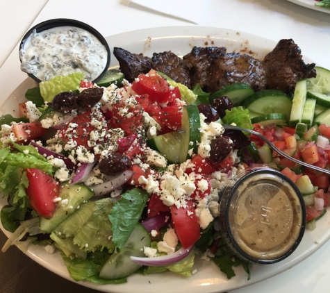 Lemon Zest Cafe - Glendale, CA. Sour beef kabob plates with loads of salad instead of gluten and rice.
