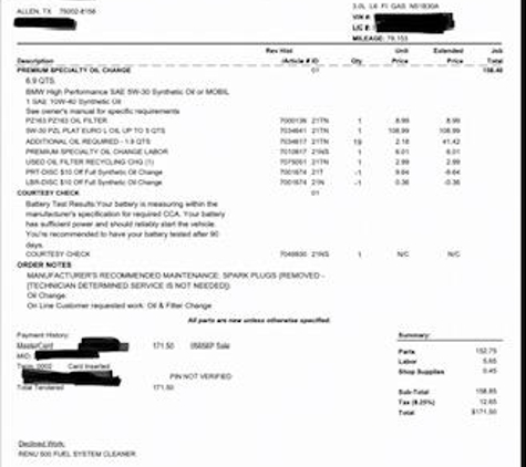 Firestone Complete Auto Care - Allen, TX. Receipt