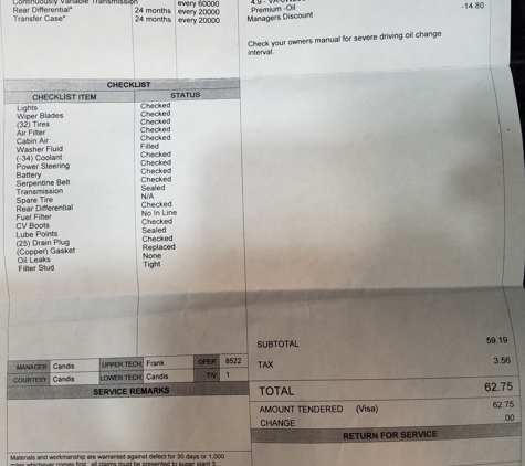 Radcliff Lube & Wash - Radcliff, KY. Invoice