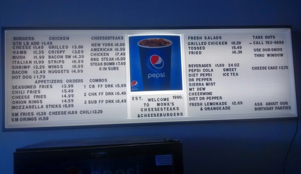 Monks Cheesesteaks & Cheeseburgers - Greensboro, NC. Menu board