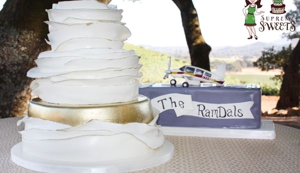 Supreme Sweets - Sonoma, CA. Gold & Ruffle Wedding cake & custom Grooms cake, all fondant