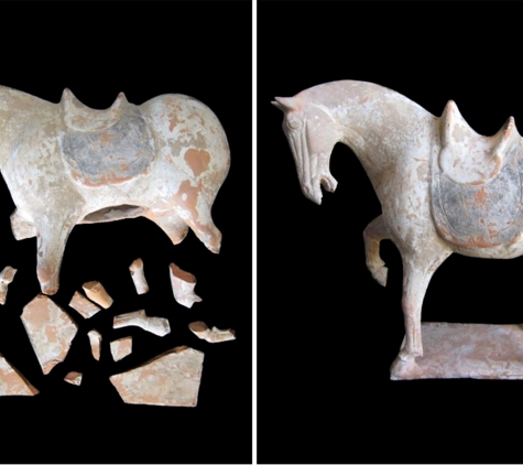 Brookes Restorations - Los Angeles, CA. Terra Cotta Repair Restoration Tang Dynasty Horse Before & After