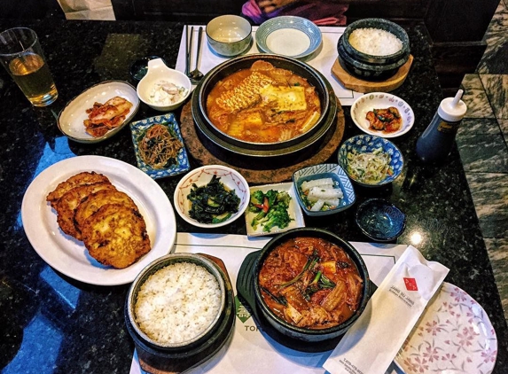 Jang Su Jang - Duluth, GA. Mung bean pancakes, kimchi jjigae, budae jjigae (big bowl) @angelbabyyoyo