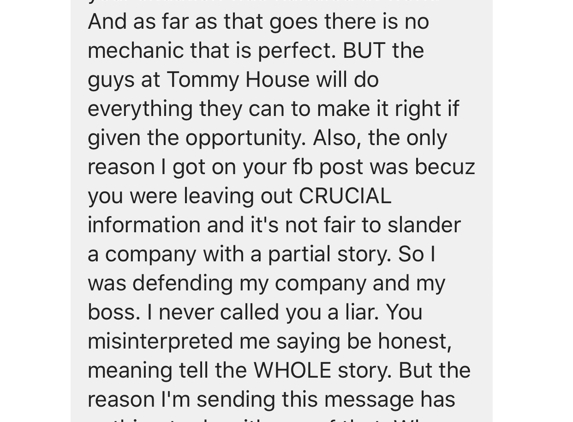Tommy House Tire Co - Pekin, IL. employee private message to me