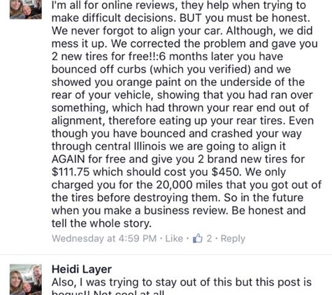 Tommy House Tire Co - Pekin, IL. Employee's comments to fb review