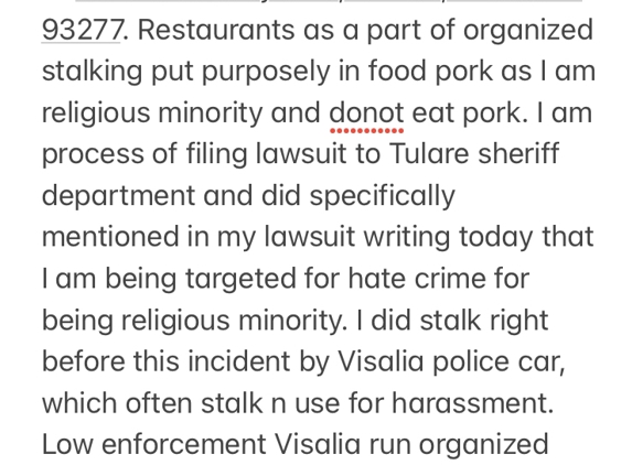 Corner Bakery Cafe - Visalia, CA. Hate crime