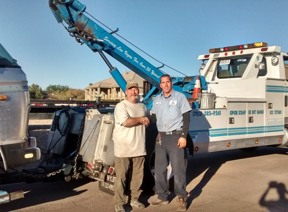 Ewing Bros Auto Body & Towing - Las Vegas, NV. Tough Pull, a 28 ft Airstream Motorhome boxed.  Thanks for a great job done well!