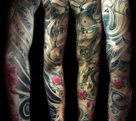 7 Train Tattoo Studio Inc. - Flushing, NY. Japnese sleeve tattoo # hannya mask sleeve tattoo # black and gray sleeve tattoo