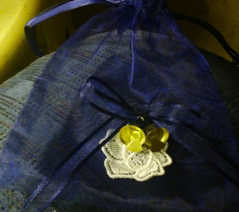 NEEDLES & SEAMS - Lincoln Park, MI. Navy blue 5x7 organza bag with machine embroidered lace rose for wedding favor bags