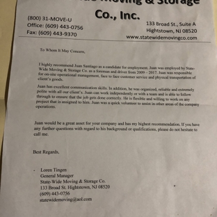 State-Wide Moving & Storage Co., Inc.. This my actual recomendation letter with them at the time i was working with mike rivella owner . Now him and loren are slandering me