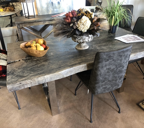 Reno Tahoe Rustic Decor - Reno, NV. Grey stone slab table with silver metal legs. It’s Rustic & Modern!