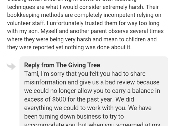 The Giving Tree Preschool and Daycare - Warren, MI. This is what they say about you when you give them a bad review.