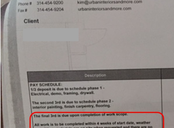 Urban Interiors & More Inc - Saint Louis, MO. Proof of 1% chargeback that this company refuses to pay!