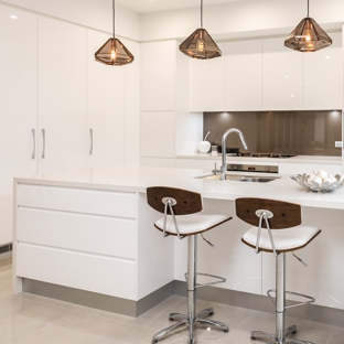 Qbic Living - Parkside, SA. Caesarstone waterfall ends to island metallic splashback