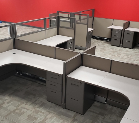 America's Modular & Office Specialists - Grove City, OH. Customer service modular cubicle area with short panels and glass stacker dividing panels